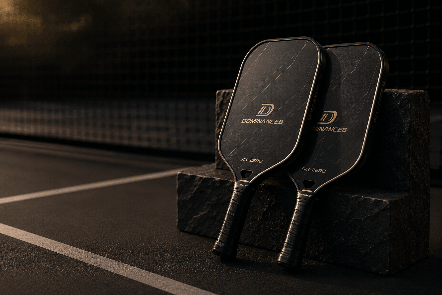 Dominance8 black and gold pickleball paddles on a premium court